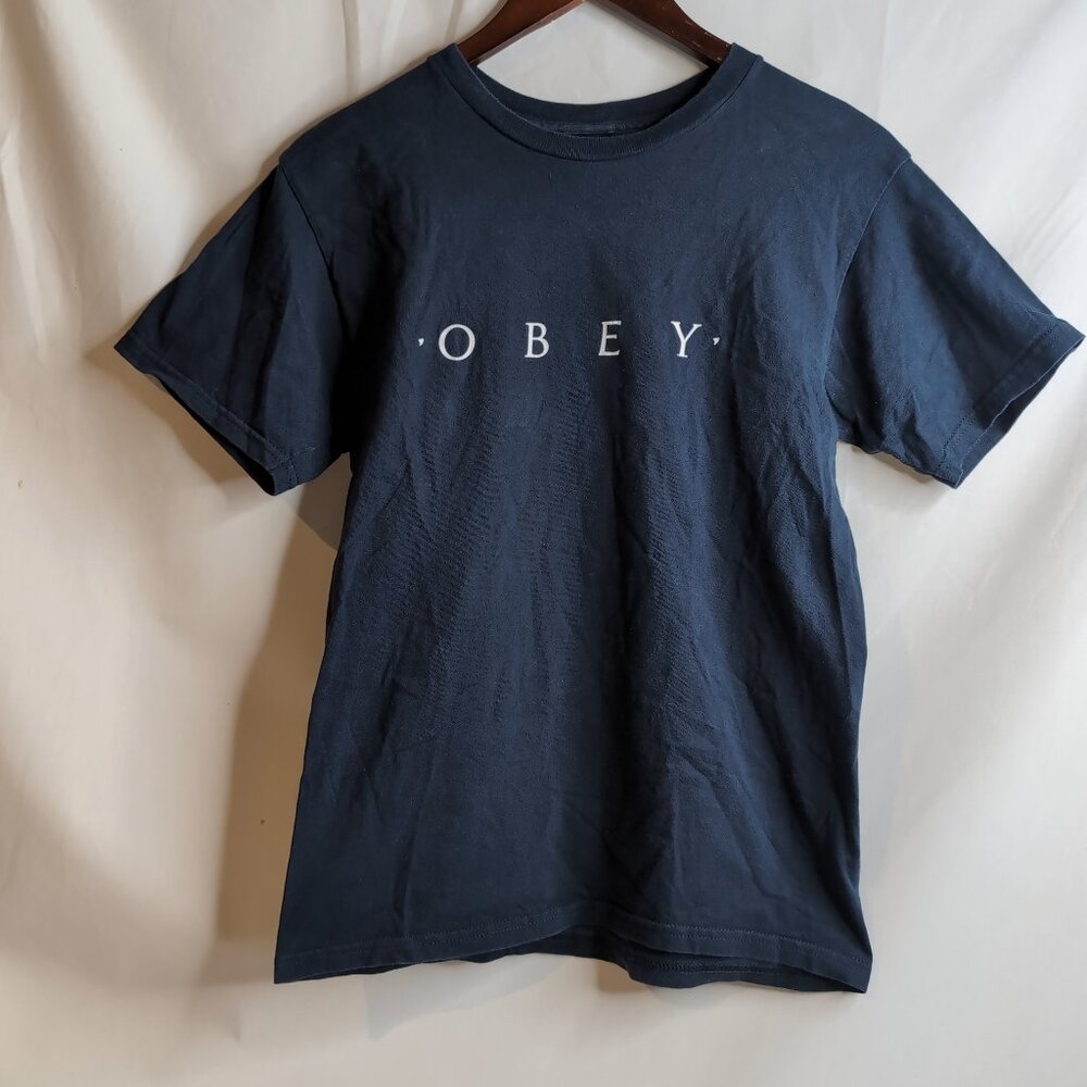 Obey Men's Black T-Shirt Minimal Spellout Graphic Print, Size Small